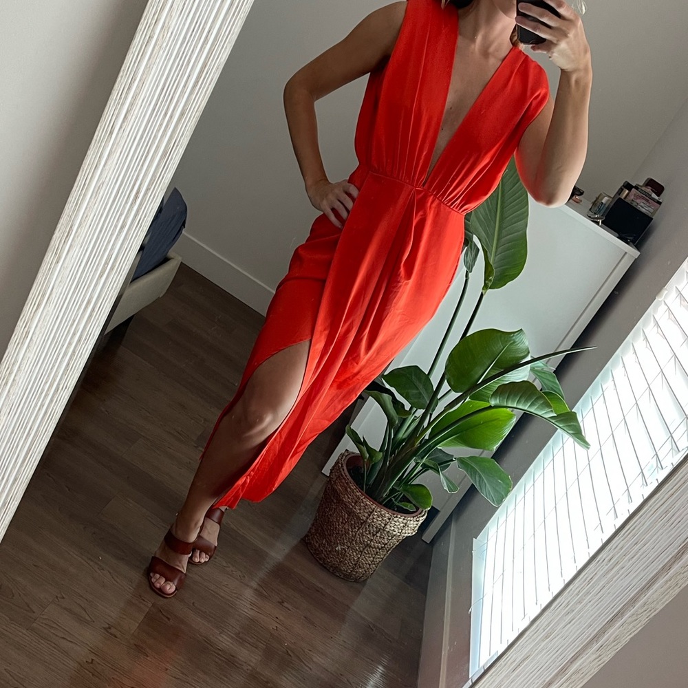 US 4/UK 8 ASOS Orange Plunging Neckline Dress w. Padded Shoulders